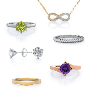 Holiday Gifts Under $500: Infinity necklace, Peridot ring, Wedding bands, Martini diamond stud, Flourish amethyst rose gold ring