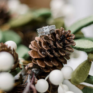 wide band engagement ring on pine cone