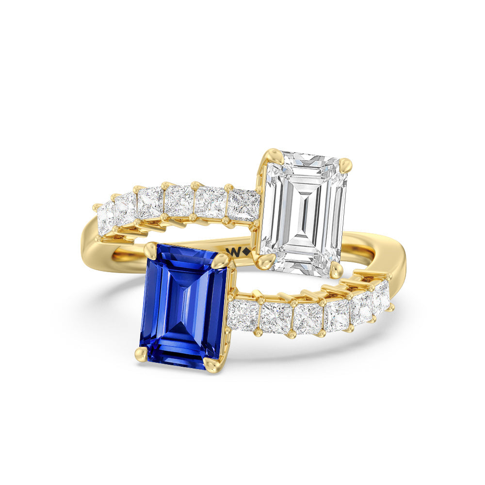 Toi et Moi Bypass Created Sapphire and Emerald Studded Engagement Ring