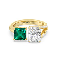 Toi et Moi Created Emerald Princess and Radiant Diamond Split Shank Engagement Ring