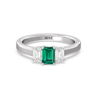 Created Emerald Center And Emerald Shape Cut Three Stone Diamond Ring