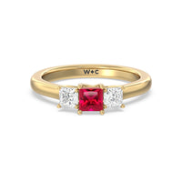 Created Ruby Center and Princess Cut Three Stone Diamond Ring