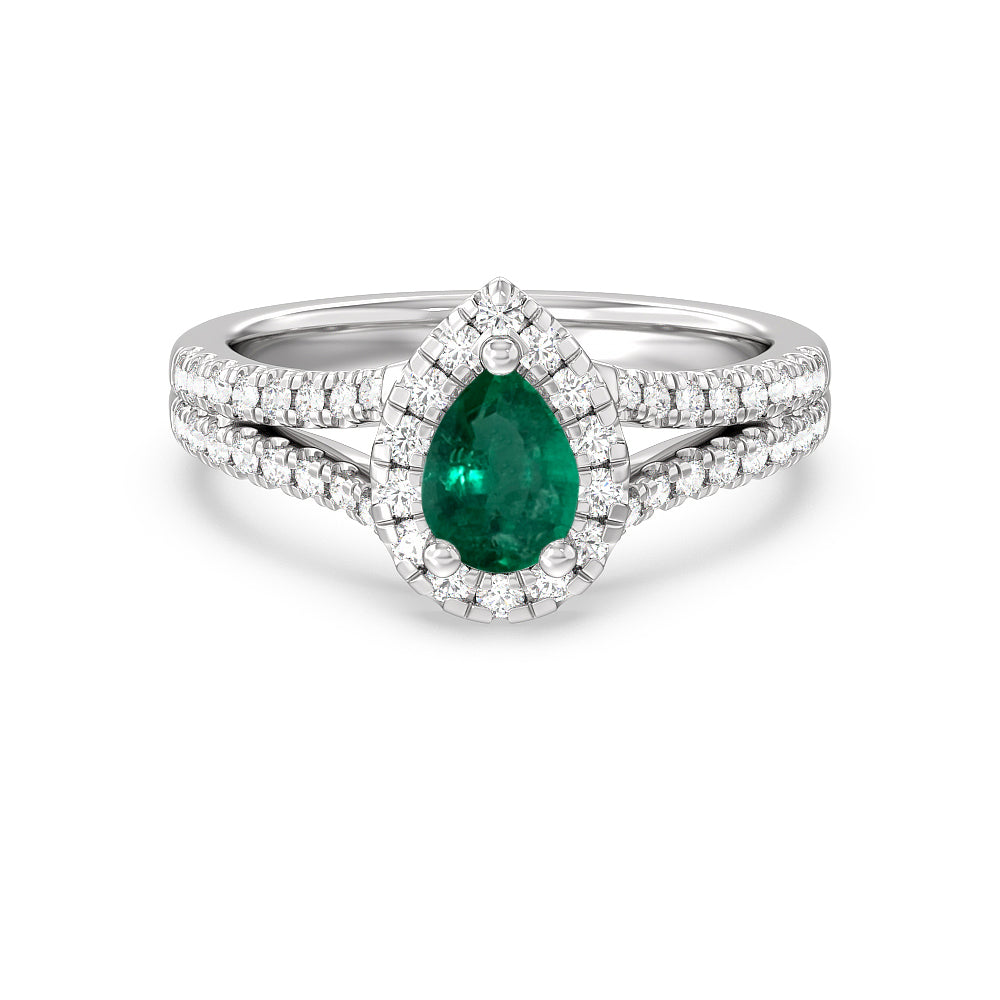 Pear Shape Emerald and Lab Diamond Classic Halo Ring With Studded Spli ...