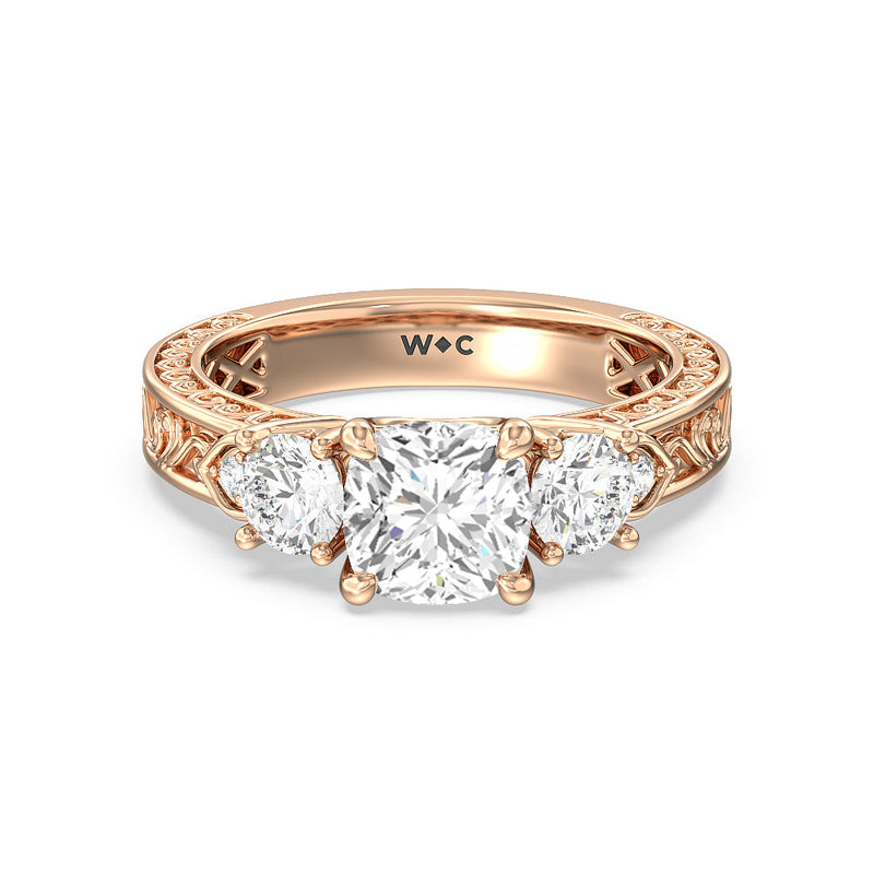 Vintage Carved Tulip Three Stone Engagement Ring