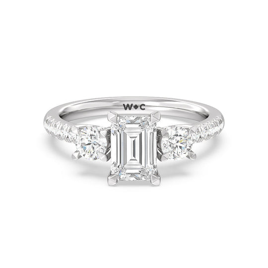 Three Stone Hidden Halo Cathedral Engagement Ring